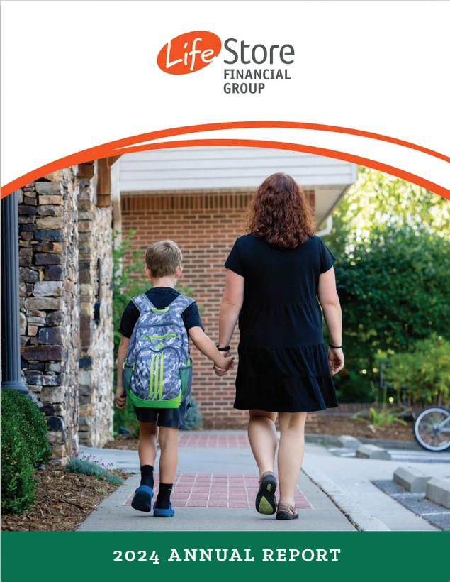 Front cover of the 2024 Annual Report features the LifeStore Financial Group logo as well as a photo of a mother walking her young son into the public library